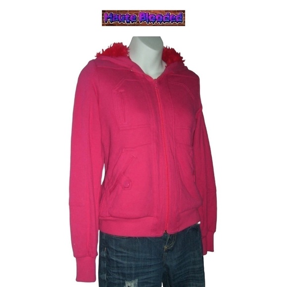 Marc By Marc Jacobs Bright Pink Hoodie W/ Red Faux Fur Lining Warm Sweatshirt S - Picture 3 of 13
